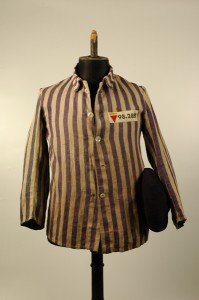 Blue and white striped shirt with identification patch