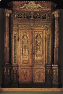 Ornate Synagogue Ark made of carved painted wood.
