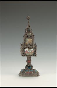 Ornate silver spice tower with enamel plaque