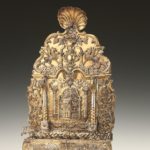 Silver and gold leaf Hanukah Lamp with animal motifs, hinged doors closed on front