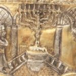 Detail of bottom of Lamp which shows a man lighting a Hanukah Lamp