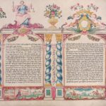 Page of a Megillah Scroll with two columns of Hebrew text surrounded by columns, floral motifs, cherubs, and figure of Justice