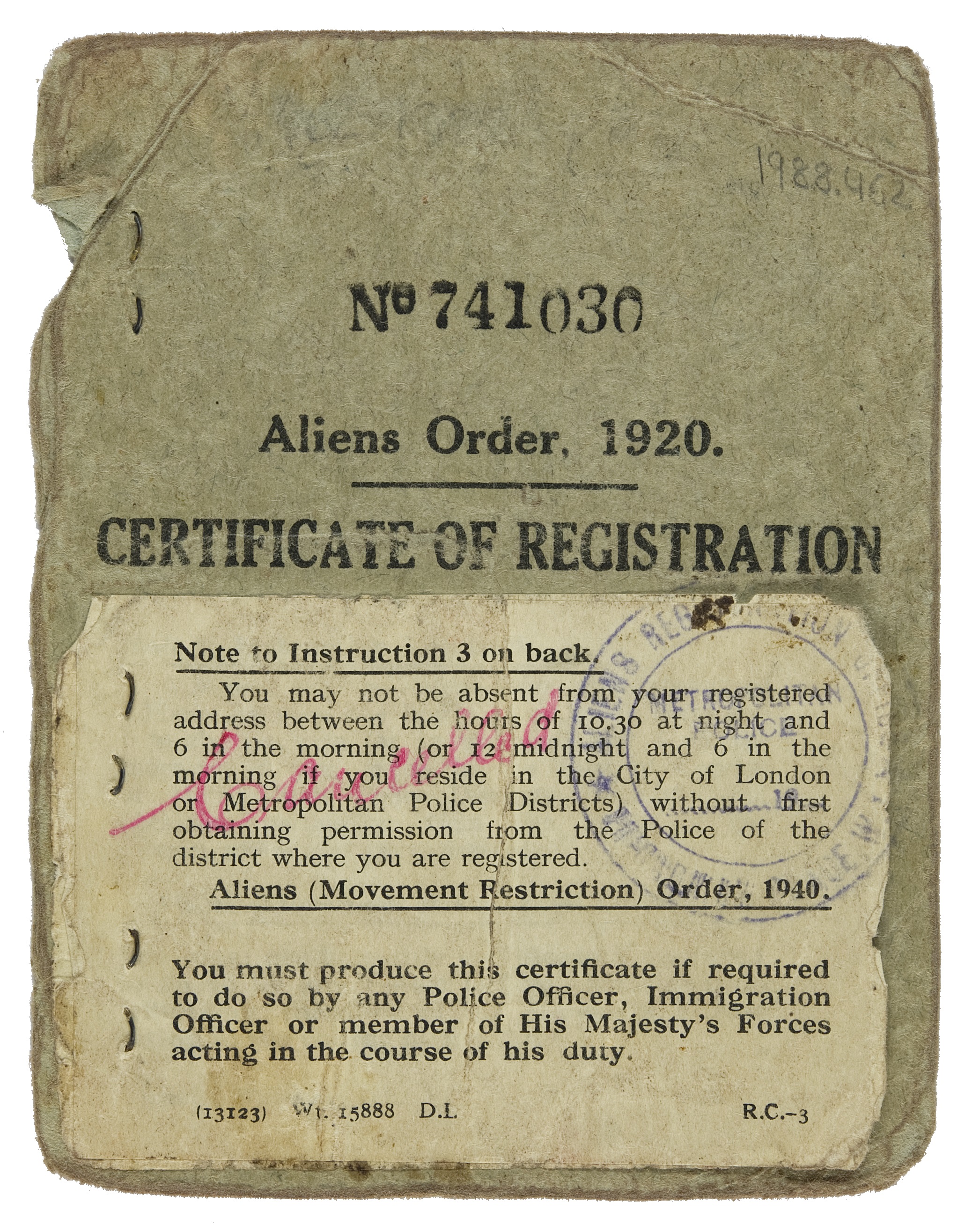 Certificate of Registration card for an immigrant