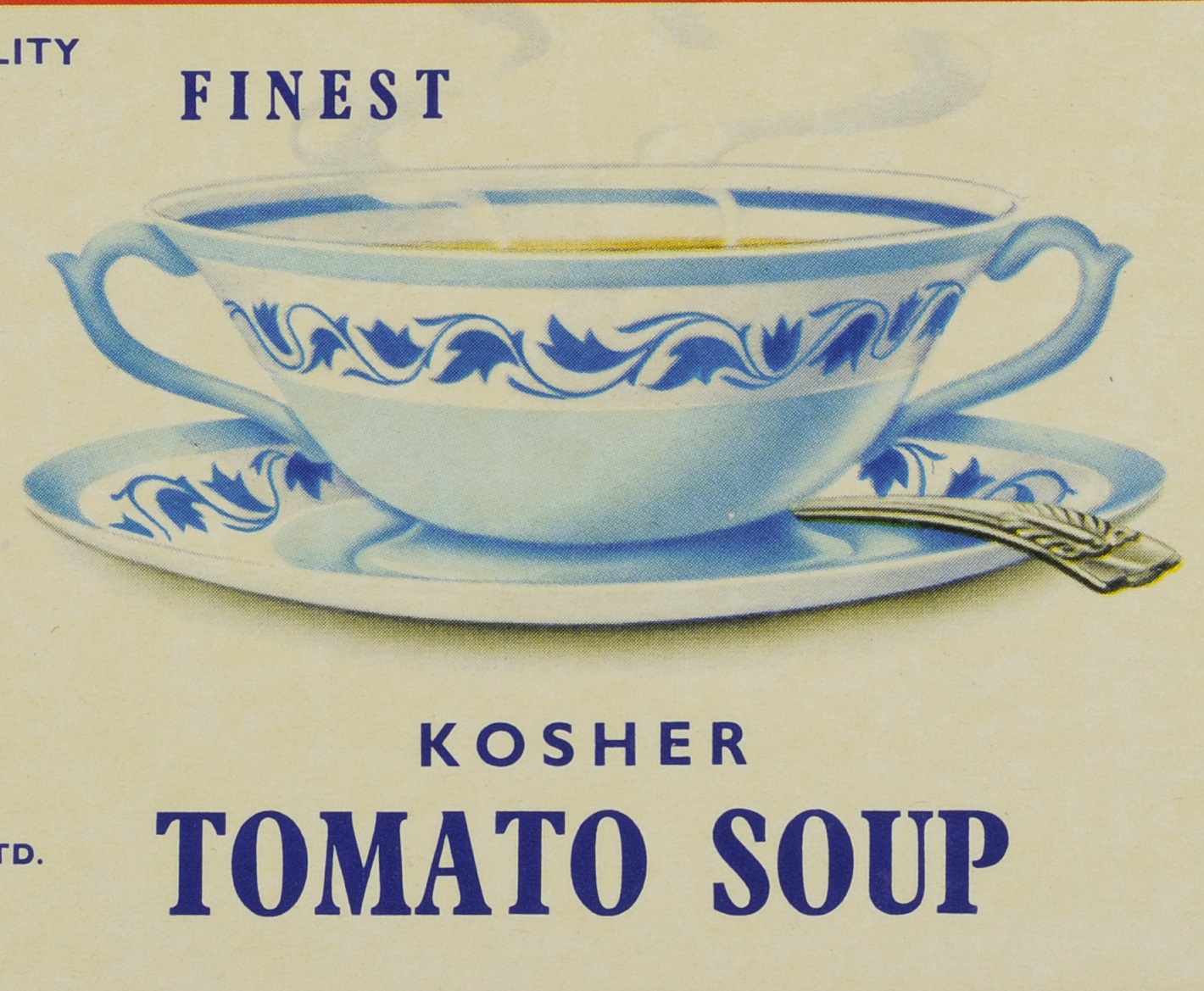 Drawing of white and blue bowl and saucer with the words Kosher Tomato Soup