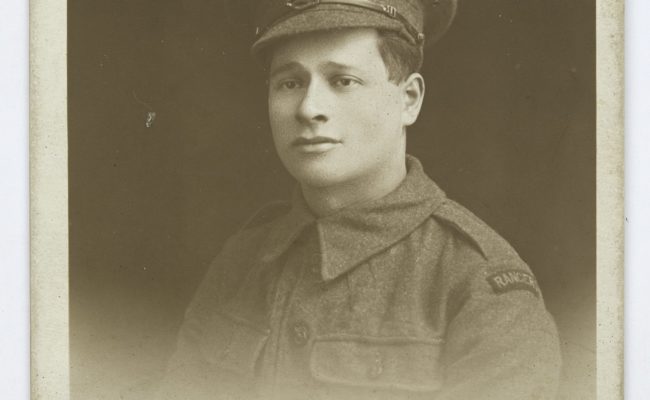 A black and white photograph of a soldier