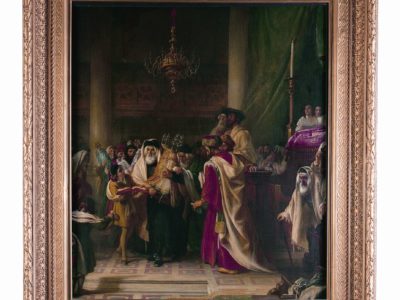 Framed painting of the interior of a synagogue with men holding and parading Torah scrolls