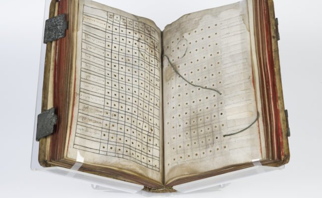 Manuscript book opened to show a table with dots. marking payments.