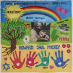 Handmade painted square, black and white photograph of a man on a colourful background, four handprints at bottom, tree of life on left, rainbow and sun with words Never Forget above