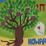 Tree of Life with red doughnuts in leaves, on right red Hebrew letters spelling Chai