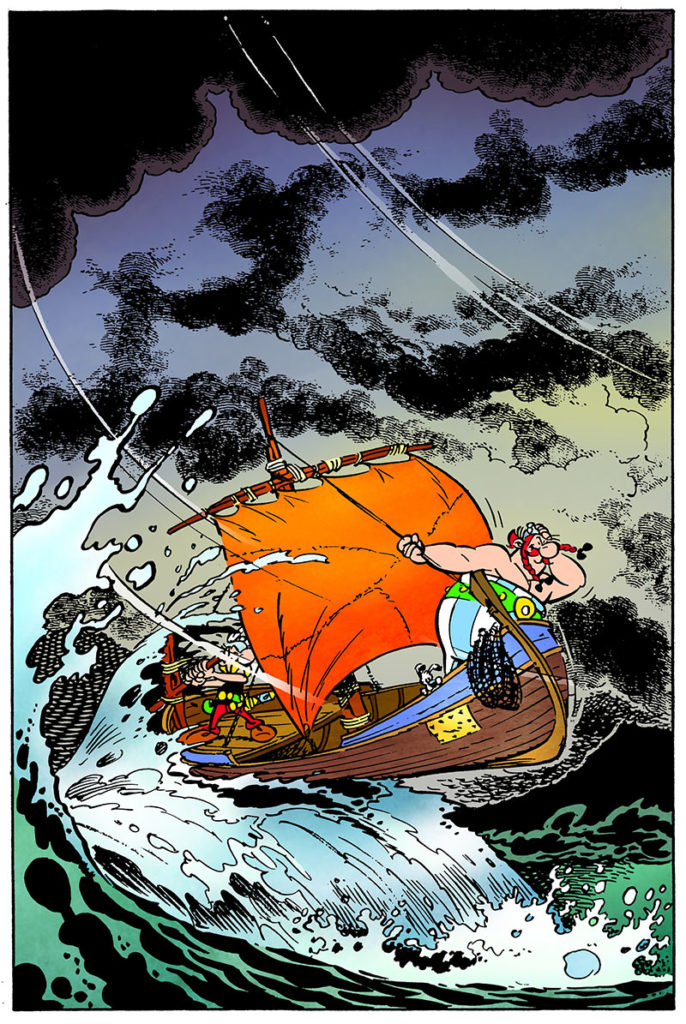 Cartoon of Asterix and Obelix on a boat at sea in a storm