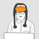A drawing of a woman wearing a white, black and orange hat and glasses who is sat at a laptop