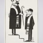 A drawing of two men standing on a staircase and looking at each other with black written text underneath