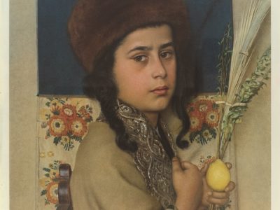 chasidic boy in tallit and holding the four kinds of sukkot