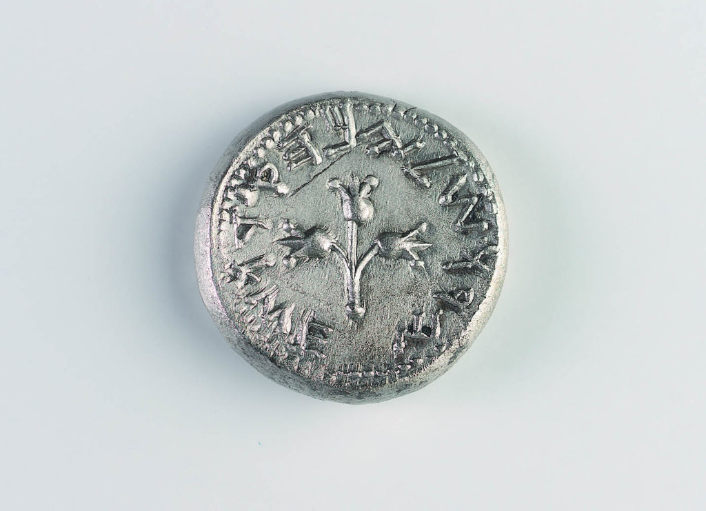 Silver coin with pomegranate plant centre and wording around the edge