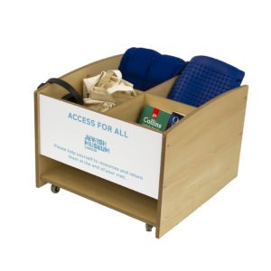 Wooded box trolley with resources inside. Resources include dictionary and ear defenders.