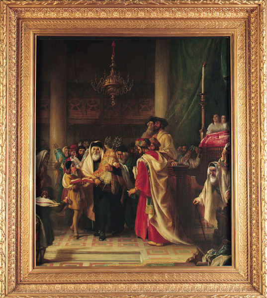 A painting of a group of people looking at a Torah scroll