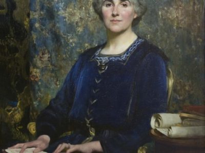 A painting of a woman in a blue dress sat against a dark green background