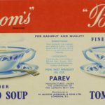 Kosher canned tomato soup label with image of soup, ingredients and directions on how to cook and serve the soup by the company Bloom's